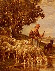 Watering Paintings - A Shepherdess Watering Her Flock by Charles Emile Jacque